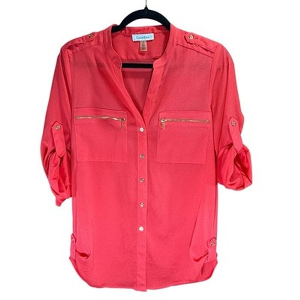 Calvin Klein Women's Coral Zip Pocket Roll Tab Long Sleeve Blouse Size S